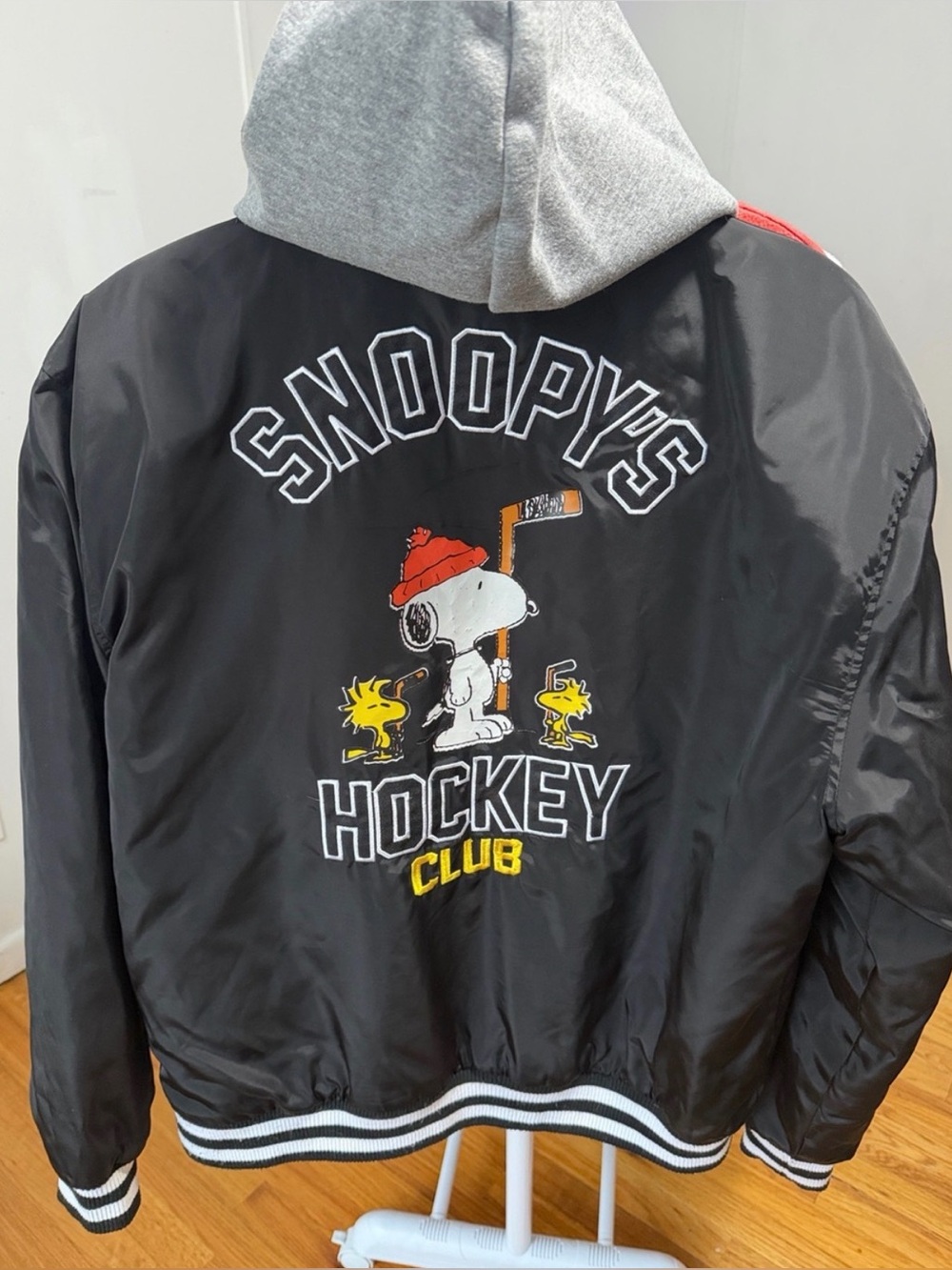 Aeropostale Black Hooded Bomber Jacket with Peanuts Snoopy Patch